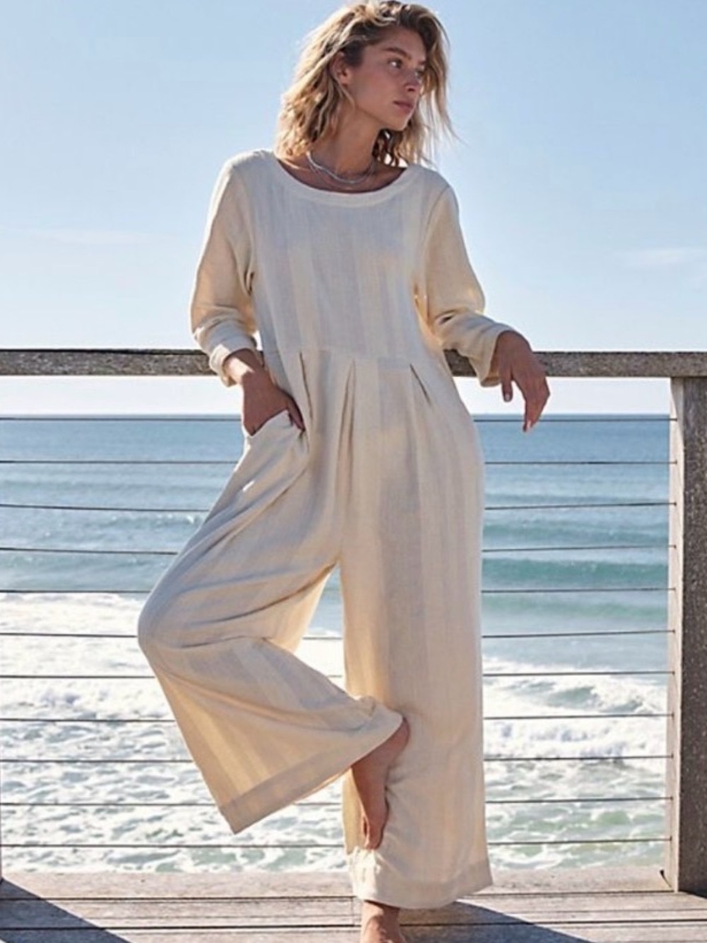 Free People Cream Shiloh One Piece Wideleg Coastal Bohemian Jumpsuit Size Small